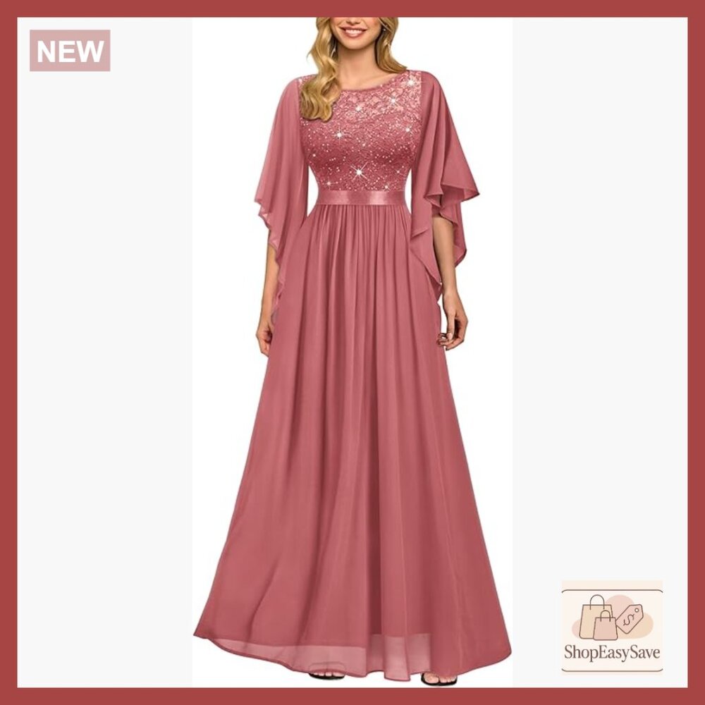 Sequin Lace Chiffon Maxi Dress Elegant Formal Party A-Line Floor Length